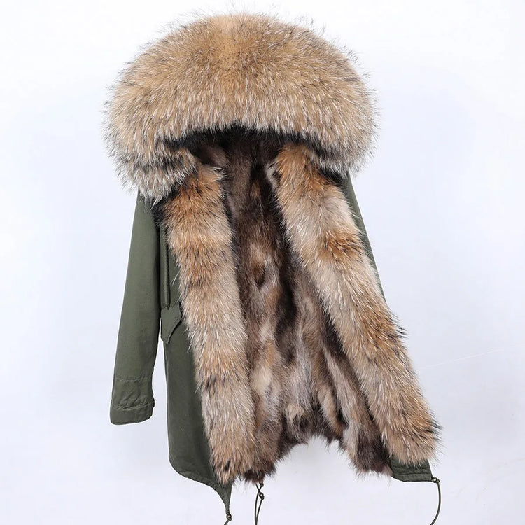 Maomaokong Natural Fur Lining Real Fur Coat Winter Jacket Women Raccoon Fur Collar Warm Thick Parkas Female Clothing