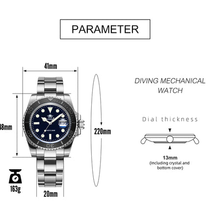 ADDIESDIVE Men's Quartz Watch 200m Waterproof Ceramic Bezel Steel Watch Magnifying Mirror Glass BGW9 Blue Luminous Diving Watch