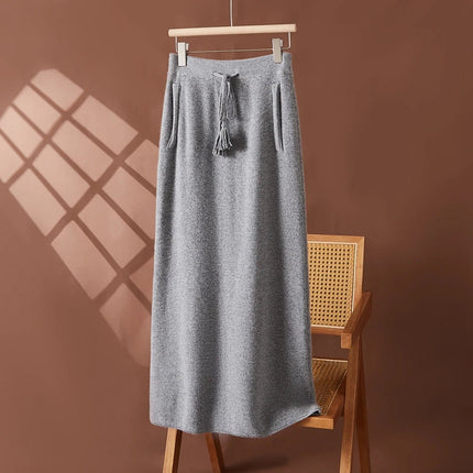 Women's 100% Cashmere Elastic Waist Mid-Length Midi Skirt Autumn Winter Casual Versatile Knitwear Bottoms Casual Fashion Skirt PlatiNum