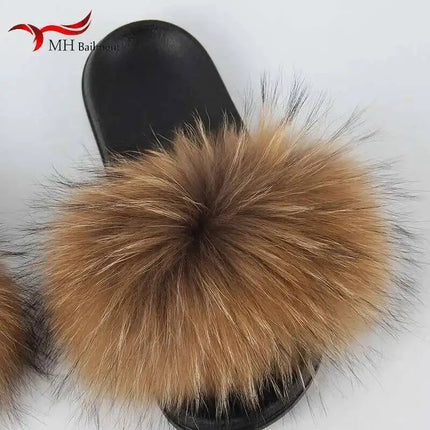 Real Raccoon Fur Slippers for Women 2023 Summer Fluffy Indoor Home Fuzzy Flat Slides Outdoor Fashion Beach Sandals Flip Flops
