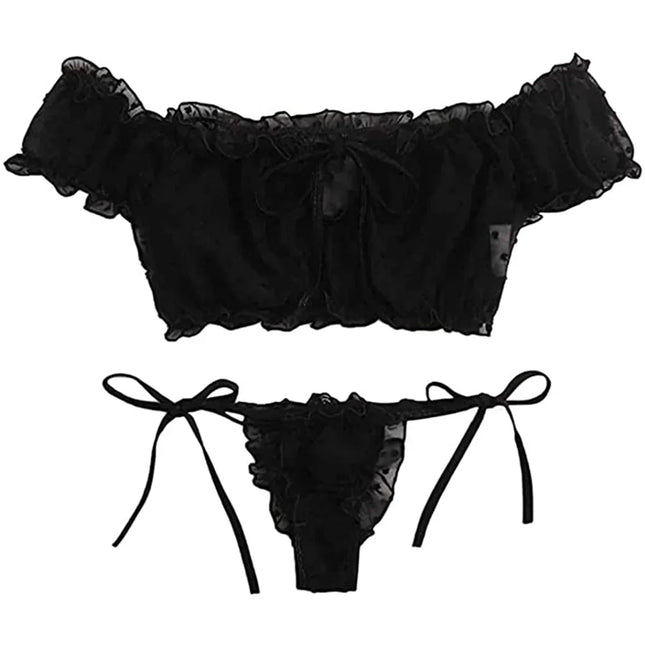 Mesh Dot Printed Off Shoulder Transparent Ruffle Bralette Bra and Panty Thong Underwear Sets Women's Sexy Lingerie Intimates