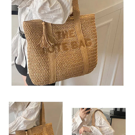 Women's Large Capacity French Style Woven Straw Bag, New Beach Vacation Crossbody Bag, Casual Commuter Tote Bag