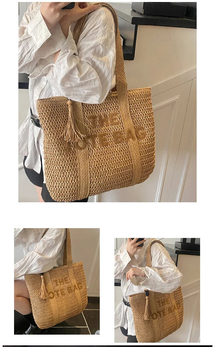 Borsa da donna in paglia intrecciata di grande capacità in stile francese, nuova borsa a tracolla per vacanze al mare, borsa tote da pendolarismo casual