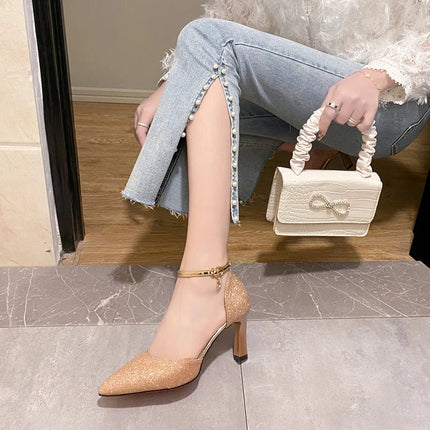 Bling Gold Silver Women Pumps 2023 Sexy Point Toe Thin Heel Party Wedding Shoes Womens Summer Ankle Strap 8cm High Heels Shoes PlatiNum