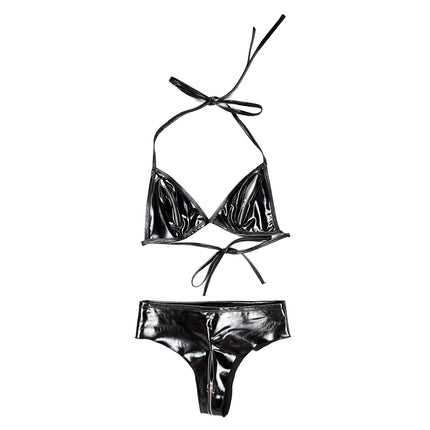 Ftshist Shiny Patent Leather Zipper Bikini Set Interactive Lingerie Separate Snug Fit Pieces for Stage Performance