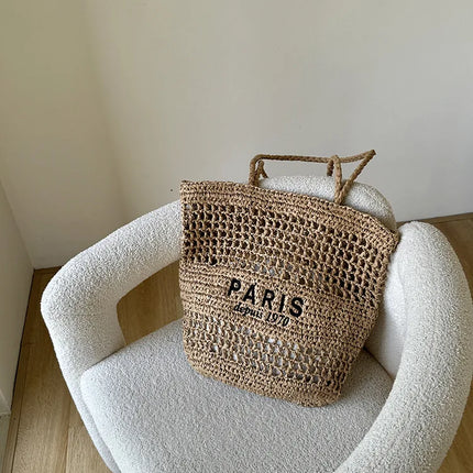 Hylhexyr Women's Letter Embroidered Shoulder Bag Woven Straw Bag Large Capacity Empty Holiday Beach Bags