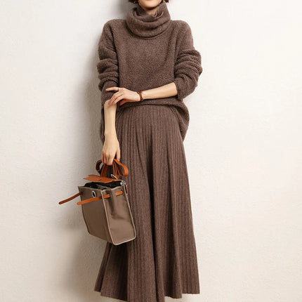 New Chic Pleated Skirts Woman Slimming Umbrellas Autumn Winter 100% Cashmere Knitted Long Skirt Solid Color Basics Woman Clothes PlatiNum