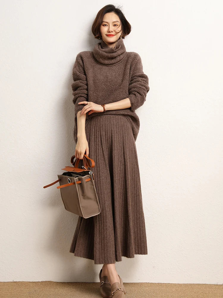 New Chic Pleated Skirts Woman Slimming Umbrellas Autumn Winter 100% Cashmere Knitted Long Skirt Solid Color Basics Woman Clothes PlatiNum