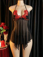 Women Halter Neck Lingerie Dress, Contrast Red Lace Sheer Mesh Irregular Hem Babydoll,Black