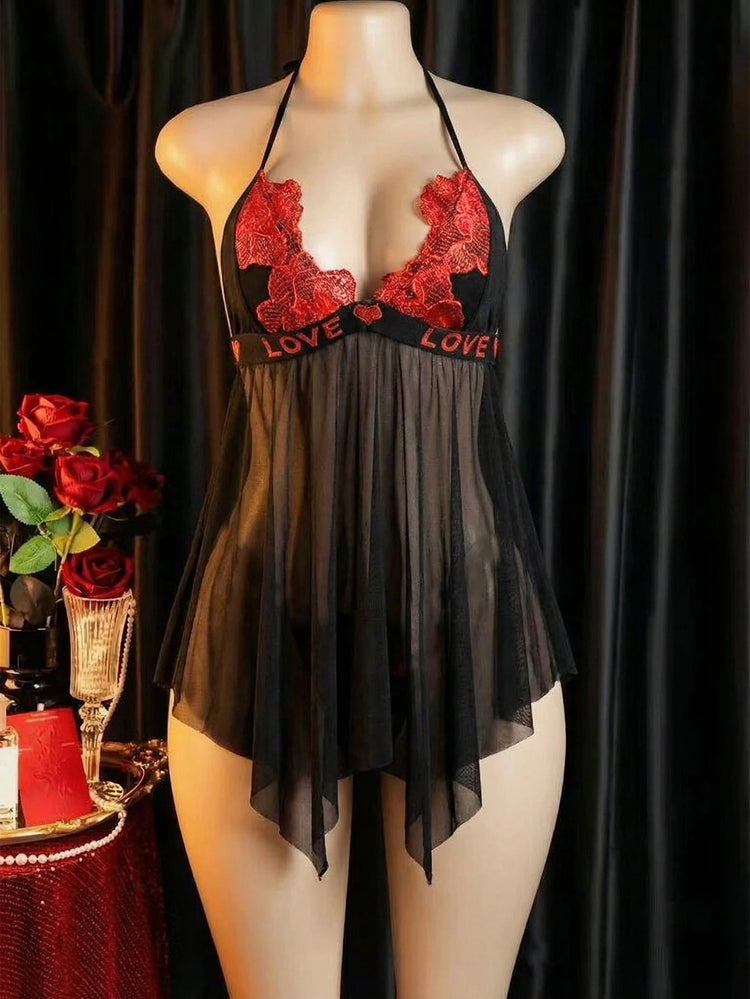 Women Halter Neck Lingerie Dress, Contrast Red Lace Sheer Mesh Irregular Hem Babydoll,Black