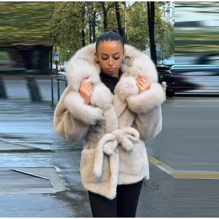 Hoody Faux Fur Furry Coats Women Fashion Belt Long Sleeve Pocket Thicken Warm Jacket 2026 Autumn Winter Urban Lady Streetwears