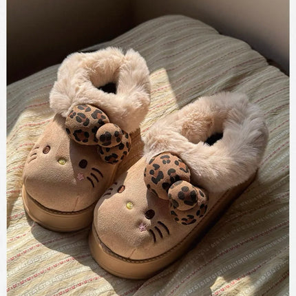 Sanrio Hello Kitty Winter Fleece Lined EVA Thick Mule Slippers Snowy Day Anti-Slip Warm Fleece Outdoor Slippers Women Snow Boots