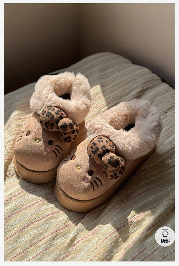 Sanrio Hello Kitty Winter Fleece Lined EVA Thick Mule Slippers Snowy Day Anti-Slip Warm Fleece Outdoor Slippers Women Snow Boots