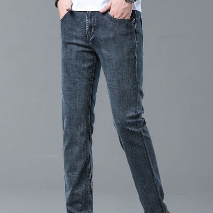 Spring Men's Light Blue Slim Jeans Stylish Casual Stretch Fabric Denim Pants Classic Trousers Smoke Gray