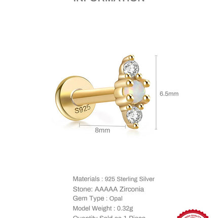CANNER 1PC 925 Sterling Silver Exquisite Crown Opal Piercing Earring for Women Ear Studs Cartilage Earring Body Jewelry Gift PlatiNum