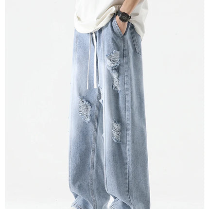 Jeans strappati estivi da uomo Gamba dritta ampia Retro da uomo Disegna corda Porta Pantaloni casual tutto-fiammifero di marca di moda