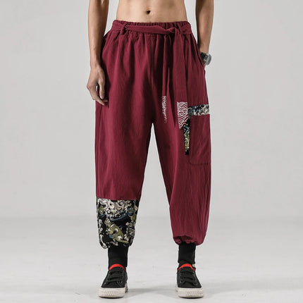 Pantaloni da uomo Costume da samurai giapponese Ukiyo-e Cintura con stampa Pantaloni stile harem da uomo in cotone e lino Pantaloni casual Harajuku da uomo Taglie forti 5XL