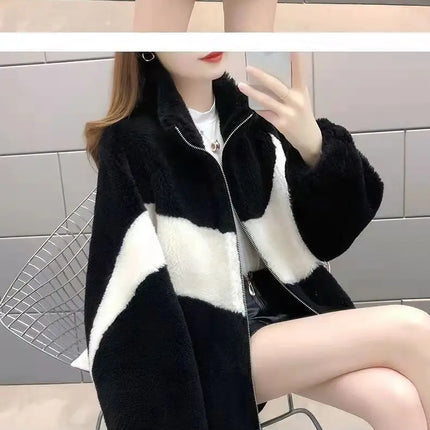 Warm Stand collar Faux fur Winter Jacket Female 2024 New Korean Loose Thick Lamb wool Coat Short Stitching Womens Parkas Outwear