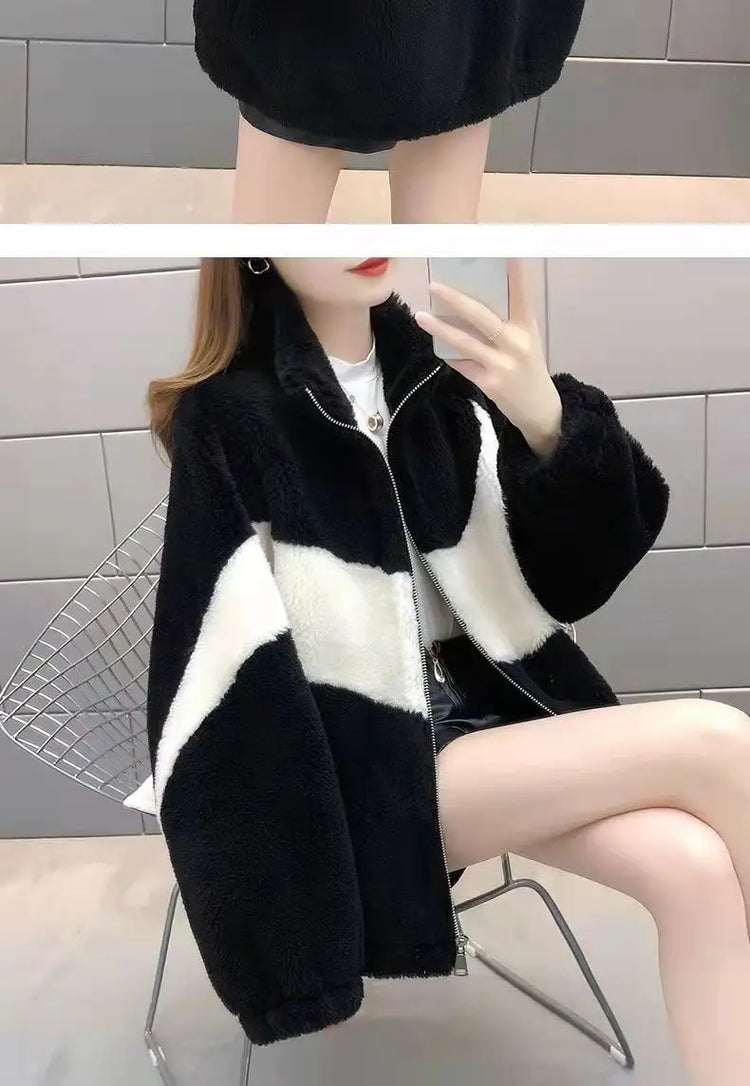 Warm Stand collar Faux fur Winter Jacket Female 2024 New Korean Loose Thick Lamb wool Coat Short Stitching Womens Parkas Outwear