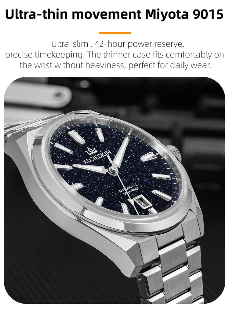 AddiesKIN Men Watch BGW9 Luminous Blue Goldstone Dial Sapphire Glass 20Bar Waterproof Japan 9015 K010 Automatic Mechanical Watch