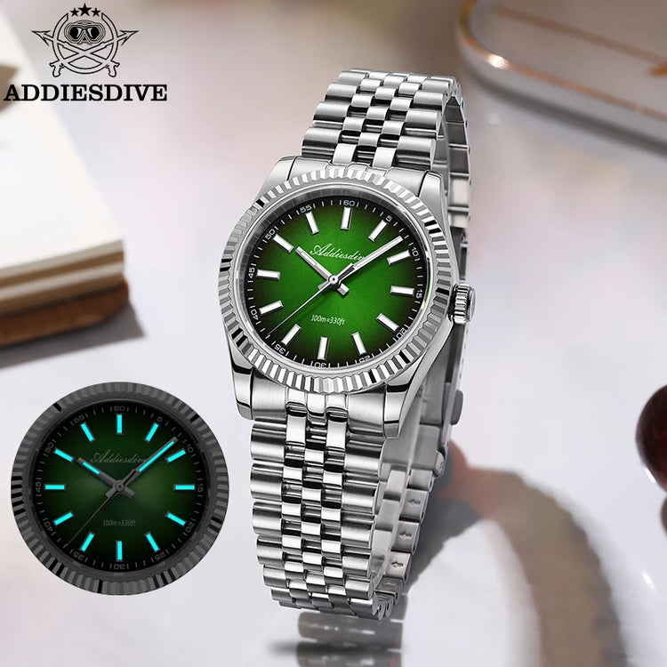 ADDIESDIVE Men Watch 36mm Quartz Wristwatch AD2073 Sapphire Sunburst Dive 100m Waterproof BGW9 Luminous  Watch for Men