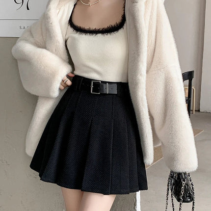 Vintage Winter Pleated Mini Skirt Women Streetwear High Waist Woolen Cute Skater Skirts With Shorts Belt Grey Black Skirt Woman PlatiNum