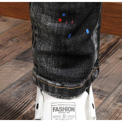 Fashion Streetwear Men Jeans Retro Black Blue Elastic Slim Fit Ripped Jeans Men Spliced Designer Embroidery Hip Hop Denim Pants PlatiNum