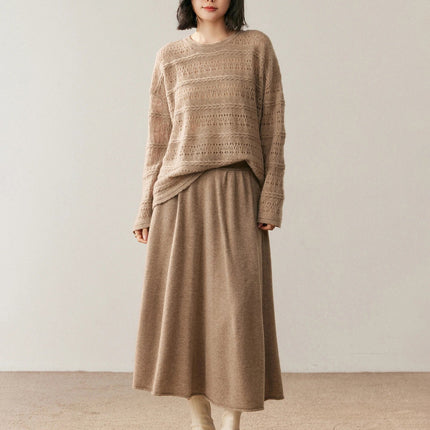 Women's 100% Pure Cashmere Skirt Autumn Winter Mid-calf A-line Knitted Full Skirt High Waist Soild Dress Elegant Basic High-end PlatiNum