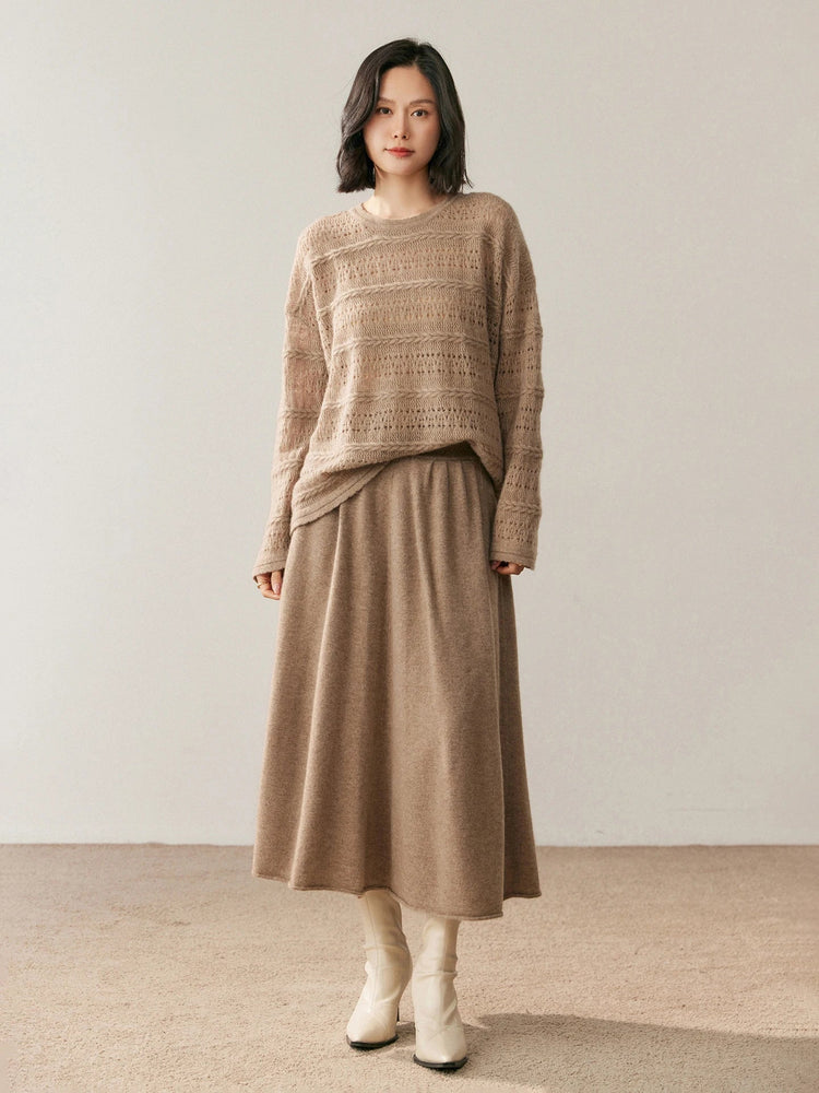 Women's 100% Pure Cashmere Skirt Autumn Winter Mid-calf A-line Knitted Full Skirt High Waist Soild Dress Elegant Basic High-end PlatiNum