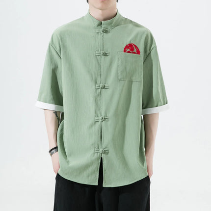 Camicie Retrò da Uomo Ricamate Stile Kung Fu Tai Chi, Camicie Casual a Maniche Corte, Stile Cinese in Lino Traspirante e Cotone per Uomo