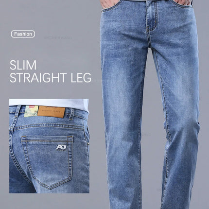 Spring Men's Light Blue Slim Jeans Stylish Casual Stretch Fabric Denim Pants Classic Trousers Smoke Gray