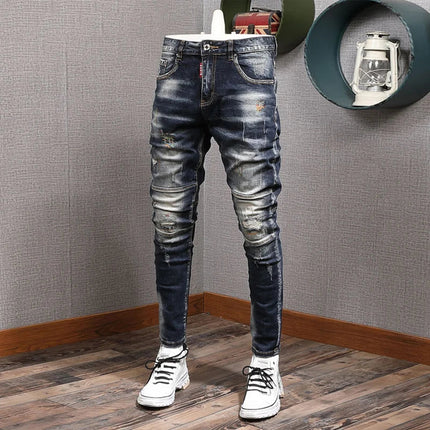 Fashion Streetwear Men Jeans Retro Black Blue Elastic Slim Fit Ripped Jeans Men Spliced Designer Embroidery Hip Hop Denim Pants PlatiNum