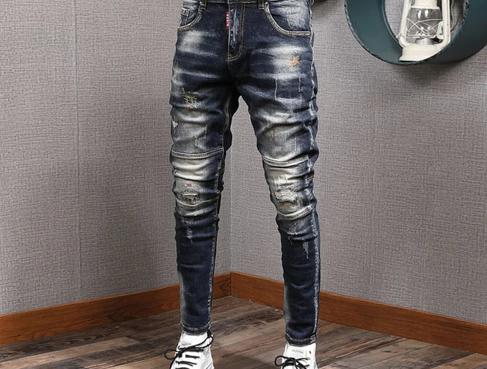 Fashion Streetwear Men Jeans Retro Black Blue Elastic Slim Fit Ripped Jeans Men Spliced Designer Embroidery Hip Hop Denim Pants PlatiNum