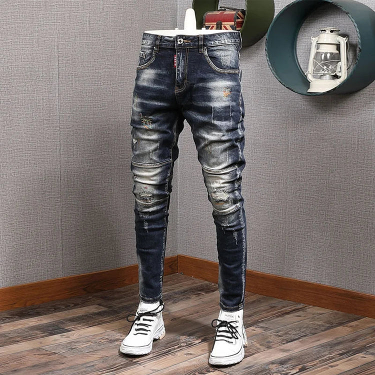 Fashion Streetwear Men Jeans Retro Black Blue Elastic Slim Fit Ripped Jeans Men Spliced Designer Embroidery Hip Hop Denim Pants PlatiNum