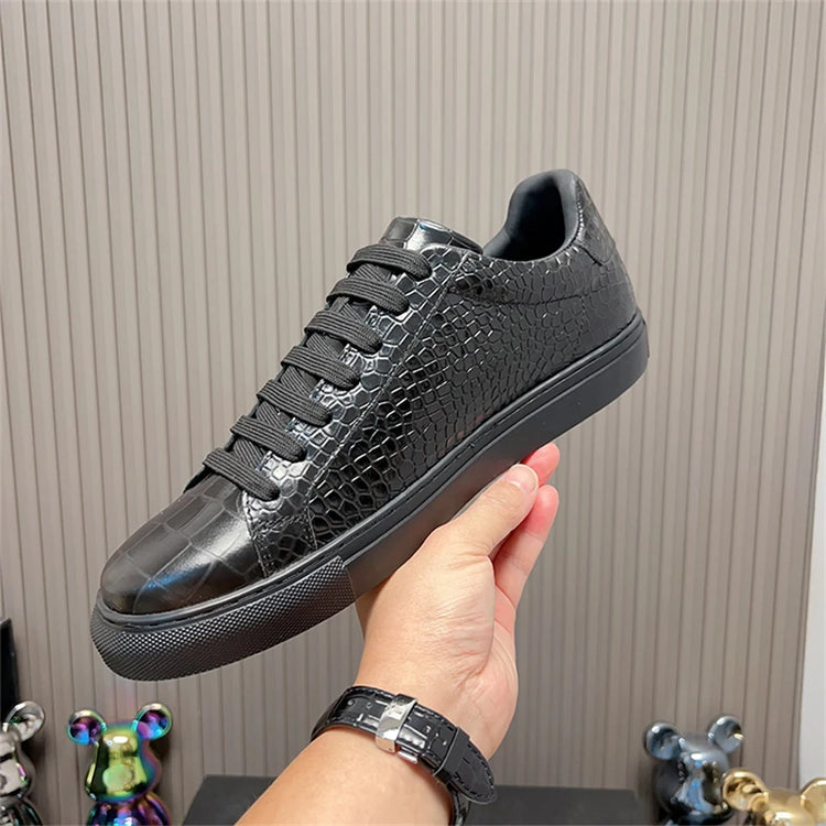 Leather Sneakers Men Calfskin Alligator Pattern Casual Shoes Lace Up Flats Daily Footwear
