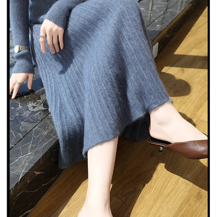 Autumn And Winter Fashion Mink Cashmere Mid Length High Waist Skirt For Women, Knitted Umbrella Skirt, Fashionable Pleated Skirt PlatiNum