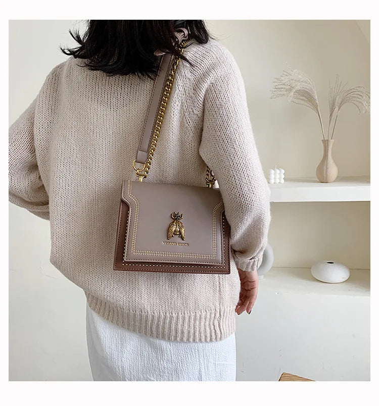 CGCBAG Luxury Brand Women Handbag 2024 New Retro Bee Female Shoulder Bag Simple High Quality Leather Designer Crossbody Bags PlatiNum