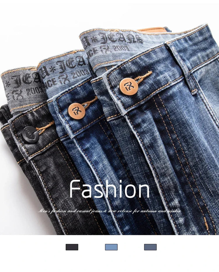 Autumn Men's Business Straight Fit Jeans Vintage Blue Smoke Gray Stretch Trousers Soft Comfortable Fabric Denim Pants Male PlatiNum