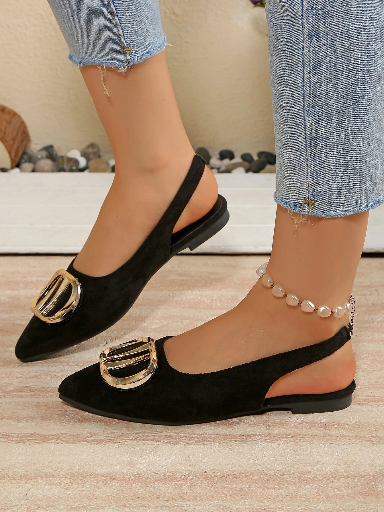 French Pointed-toe Metal Flat Shoes Baotou Sandals Shallow-mouth Single Shoes Foreign-style Explosive Internet Celebrity