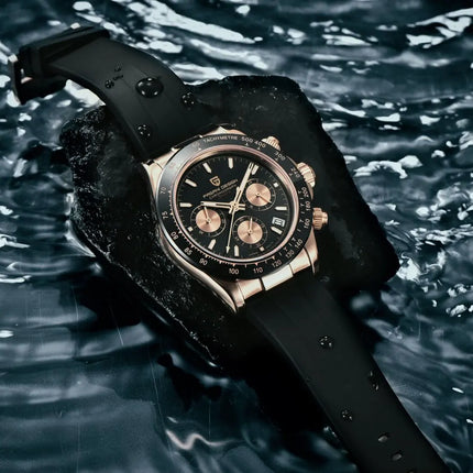 PAGANI DESIGN Cronografo da uomo Orologio da polso al quarzo di lusso in oro rosa 40mm Quadrante blu ghiaccio Vetro zaffiro 100M Impermeabile Cinturino in caucciù Orologio sportivo da uomo per uomo Reloj Hombre+GIFT BOX