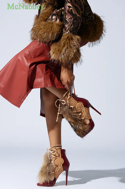 Faux Fur Trim Women Sandals Almond Peep Toe Ankle-High Shaft Thin High Heels Women Stilettos Summer Sexy Shoes Luxury 2025 New