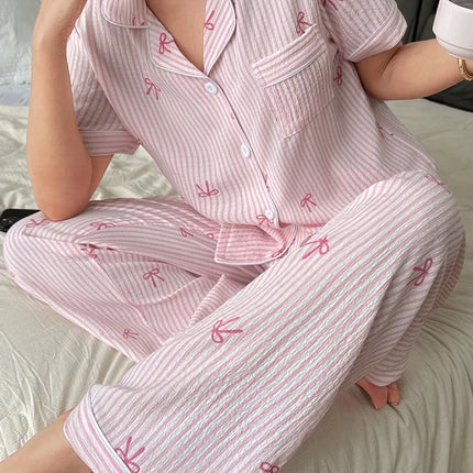 Set Pigiama da Donna con Stampa a Righe e Fiocco, Completo Estivo con Maglietta a Maniche Corte e Pantaloni, Comodo Abbigliamento da Notte e Loungewear