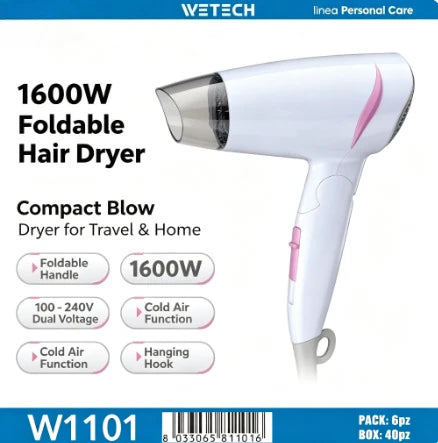 1600W Foldable Travel Hair Dryer 100‑240V Dual Voltage Portable Compact Blow Dryer With Cold Air Function For Household Travel Hotel Use