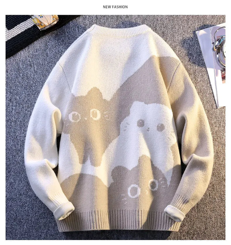 Cartoon Cat's New Knitted Sweater 2025 Men's Autumn/Winter Warm Knitted Sweater Men's Pullover Home Clothes