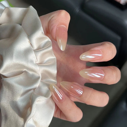 24Pcs Medium Almond Nude‑Pink 3D Textured Metallic Cat‑Eye French Sheer Press‑On False Nails For Nail Art Decor