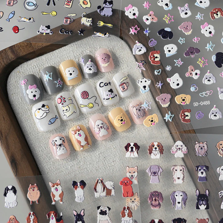 1Pcs 5D Lovely Dog/Cat Nail Art Stickers Cartoon Puppy Kitten Pet Animal Adhesive Nail Decals Y2K Manicure Decorations Sliders &