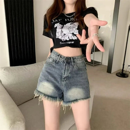 Women's retro vintage high waisted denim shorts thin casual summer with fringed edges slim and spicy A-line wide leg hot pants PlatiNum