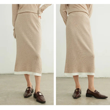 SuyaDream, Women Long Skirt, 32.4%Sheep Wool, Solid Woolen Knitted Skirts, 2024 Autumn Winter Warm Under Dress, Grey, Khaki PlatiNum