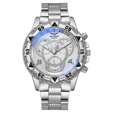 Orologio al quarzo da uomo di lusso Orologio da polso da uomo d'affari classico Quadrante grande Striscia di acciaio legato Orologio al quarzo da uomo a tre occhi con luce blu platinumshop