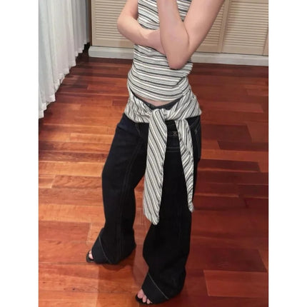 Jeans a gamba larga americani retrò a vita bassa da donna estate autunno pantaloni larghi drappeggiati alti lunghezza estesa pantaloni a gamba larga per ragazze calde